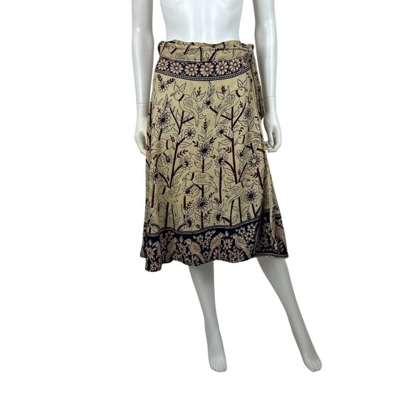 Vintage 70s Wrap Skirt Womens Small Pakistan Bird Floral Print Knee Length Boho - Picture 1 of 10